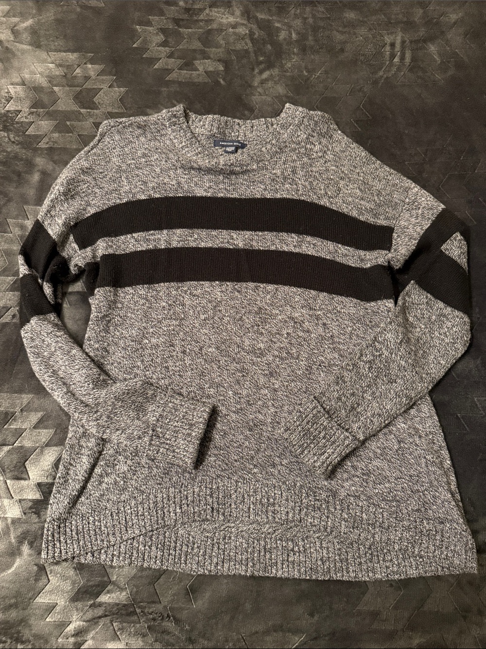 American Eagle Grey Crewneck Sweater with Black Stripes